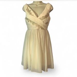 Minuet Elegant Cream Sleeveless gathered wrap mini chiffon and gold lace Dress S